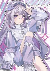  1girl absurdres arm_up bandaid bandaid_on_face bandaid_on_nose colored_inner_hair frilled_hairband frills grey_hair grey_jacket grey_leg_warmers grey_shorts hairband highres hololive hololive_english jacket knee_up koseki_bijou leg_warmers long_hair multicolored_hair pebble_(koseki_bijou) pink_hair purple_eyes ricke_2002 shorts single_sleeve_past_fingers solo v virtual_youtuber 