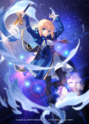  1girl absurdres ahoge artoria_pendragon_(fate) black_boots black_pantyhose blonde_hair blue_bow blue_bowtie blue_dress boots bow bowtie dress fate/stay_night fate/unlimited_blade_works fate_(series) full_body high_heel_boots high_heels highres holding holding_sword holding_weapon honkai:_star_rail honkai_(series) knee_boots long_sleeves official_art open_mouth pantyhose saber_(fate) saber_(honkai:_star_rail)_(fate) smile solo standing standing_on_one_leg star_(sky) starry_sky_background sword takeuchi_takashi weapon 
