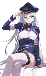  1girl 86_-eightysix- blue_eyes blue_hat blue_jacket breasts cool_est crossed_legs hair_between_eyes hat high-waist_skirt highres jacket long_hair long_sleeves looking_at_viewer military_hat military_jacket open_mouth sitting skirt smile solo thighhighs very_long_hair vladilena_millize white_background white_hair white_thighhighs 