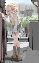 1girl absurdres alley backlighting black_legwear blonde_hair blouse blush breath bright_pupils brown_footwear collarbone collared_shirt day embarrassed female_focus fence flat_chest flying_sweatdrops fujikawa_kayo full_body green_skirt hand_up have_to_pee highres hizuki_arata knees_together_feet_apart leaning_forward long_sleeves looking_down miniskirt nose_blush one_eye_closed one_side_up open_mouth outdoors pee peeing peeing_self people plaid_clothes plaid_skirt pleated_skirt puddle red_eyes road shirt shoes short_hair sidelocks sketch skirt socks solo_focus standing stella_no_mahou sweat tree trembling vest white_pupils white_shirt wince yellow_vest rating:Questionable score:50 user:AngryZapdos