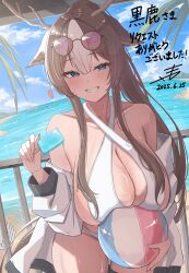  1girl absurdres akris_(deer_chang) animal_ears antlers ball bare_shoulders beach beachball bikini blue_eyes blush breasts brown_hair cleavage cloud collarbone commentary_request commission commissioner_name dated deer_antlers deer_ears deer_girl eyewear_on_head food hanma_amnah highres holding holding_food holding_popsicle horns jacket large_breasts long_hair looking_at_viewer multicolored_hair ocean off_shoulder open_clothes open_jacket original outdoors palm_tree ponytail popsicle second-party_source signature skeb_commission solo streaked_hair swimsuit teeth thank_you tree water white_bikini white_hair white_jacket 
