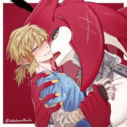  2boys arm_up bare_pectorals blonde_hair blue_tunic blush border commentary_request fingernails fins fish_boy furry furry_male hair_between_eyes hand_on_another&#039;s_shoulder hand_on_another&#039;s_wrist head_fins highres interspecies jewelry layered_clothes licking link long_sleeves male_focus multiple_boys necklace nekohanemocha nintendo one_eye_closed outside_border pectorals plume ponytail saliva scar scar_on_head sharp_fingernails sharp_teeth shirt short_sleeves sidon slit_pupils sweat teeth the_legend_of_zelda the_legend_of_zelda:_breath_of_the_wild tongue tongue_out tunic twitter_username upper_body white_border white_shirt yaoi yellow_eyes yellow_nails zora 