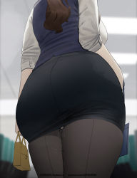 1girl aftersex ass ass_focus backboob bag black_skirt blue_vest breasts brown_hair cum cum_in_pussy cum_plugged cumdrip from_behind from_below highres huge_ass id_card lanyard large_breasts long_hair miniskirt mmmmmkun office_lady original pantyhose pencil_skirt ponytail pussy_juice pussy_juice_drip pussy_juice_trail seamed_legwear shirt sideboob skirt thick_thighs thighs torn_clothes torn_pantyhose vest white_shirt wide_hips rating:Explicit score:337 user:POLTATO