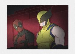 2boys anger_vein bare_shoulders belt black_belt black_bodysuit bodysuit border chair closed_mouth covered_collarbone crying crying_with_eyes_open deadpool deadpool_&amp;_wolverine deadpool_(series) facial_hair half-closed_eyes helmet looking_at_another looking_to_the_side male_focus marvel marvel_cinematic_universe movie_theater multiple_boys muscular muscular_male on_chair red_bodysuit sitting streaming_tears superhero_costume tears two-tone_bodysuit upper_body white_border wolverine_(x-men) yamuoez yellow_bodysuit