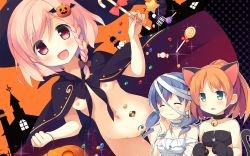 3girls :d ^_^ animal_ears animal_hands bandages bell blue_hair braid breasts brown_hair candy candy_cane candy_wrapper cape cat_ears cat_paws cat_tail censored checkerboard_cookie closed_eyes collar convenient_censoring cookie d: dutch_angle fake_animal_ears fang food green_eyes hair_ornament halloween hand_on_own_cheek hand_on_own_face hat highres jack-o&#039;-lantern jelly_bean loli lollipop minagawa_yuuhi misuzu_(your_diary) multiple_girls naked_cape navel neck_bell nipples open_mouth orange_background pink_eyes pink_hair ponytail pumpkin small_breasts smile strapless suimya sweatdrop swirl_lollipop tail tube_top witch_hat your_diary yua_(your_diary) zipper rating:Explicit score:43 user:danbooru