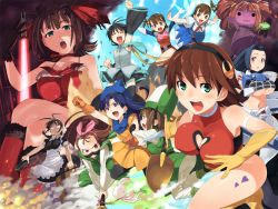  6+girls akizuki_ritsuko alena_(cosplay) alena_(dq4) alena_(dq4)_(cosplay) amami_haruka antenna_hair awakened_miki black_hair black_lagoon blue_eyes blue_hair breasts brown_hair chunsoft cirno cirno_(cosplay) cleavage cleavage_cutout clenched_hand clenched_hands clift clift_(cosplay) clothing_cutout cosplay crossed_legs crossover cute_&amp;_girly_(idolmaster) cutie_honey cutie_honey_(character) cutie_honey_(character)_(cosplay) cutie_honey_(cosplay) dark_haruka dragon_quest dragon_quest_iv elbow_gloves energy_sword enix everyone f91_gundam female_focus futami_ami futami_mami glasses gloves green_eyes gun gundam gundam_f91 hat hatsune_miku heart heart_cutout hoshii_miki idolmaster idolmaster_(classic) idolmaster_1 kisaragi_chihaya large_breasts lightsaber magical_girl maid mecha_musume minase_iori miura_azusa multiple_crossover multiple_girls opaque_glasses pantyhose parody pink_eyes rabbit raised_fist red_eyes roberta roberta_(black_lagoon) roberta_(black_lagoon)_(cosplay) roberta_(cosplay) short_hair shue siblings sisters sitting skirt striped_clothes striped_legwear striped_pantyhose sword takatsuki_yayoi thighhighs touhou twins twintails underboob vocaloid weapon wonder_momo yayoi_creature 