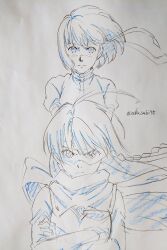  2girls ahoge braid closed_mouth cross-shaped_pupils crossed_arms greyscale headband highres long_hair looking_at_viewer matsukawa_tetsuya monochrome multiple_girls nono_(top_wo_nerae_2!) scarf short_hair simple_background symbol-shaped_pupils takaya_noriko top_wo_nerae! top_wo_nerae!_(series) top_wo_nerae_2! twitter_username white_background 