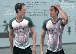  2boys abs black_eyes black_hair clothes_writing commentary english_commentary green_sleeves hand_on_own_head highres hwang_in-ho looking_at_another male_focus multiple_boys pectorals print_shirt see-through_clothes see-through_shirt seong_gi-hun shirt short_hair speech_bubble squid_game talking thought_bubble toned toned_male two-tone_shirt upper_body walking wet wet_clothes wet_shirt white_shirt wildwerewolf 