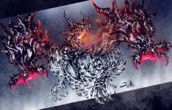  absurdres breath_weapon breathing_fire calligraphy_brush_(medium) claws deadpool_yuchan dragon dragon_horns embers extra_arms fire highres horns long_tongue monster monster_focus monster_hunter_(series) monster_hunter_wilds multiple_horns no_eyes no_humans open_mouth signature solo tongue tongue_out winged_arms wings zoh_shia 