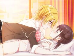  2girls bedroom blazer blonde_hair blush bra breast_press breasts brown_hair brown_jacket brown_skirt cityscape collared_shirt commentary_request curtains eye_contact girl_on_top hair_bun highres idolmaster idolmaster_shiny_colors indoors jacket jacket_partially_removed large_breasts long_hair looking_at_another lying multiple_girls on_back on_bed open_clothes open_shirt panties pillow pink_bra pink_eyes pink_panties plaid_clothes plaid_skirt pocket red_eyes saijo_juri saint_laurent_paris shirt short_hair skirt sonoda_chiyoko unbuttoned unbuttoned_shirt underwear white_shirt window yuri 