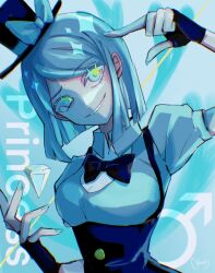 1girl aqua_nails blue_hair blue_shirt bow bowtie breasts character_name colored_eyelashes commentary english_commentary fake_type fingerless_gloves gloves grin hat highres looking_at_viewer mars_symbol ne_(ne_on) parted_hair princess_(fake_type) puffy_short_sleeves puffy_sleeves shirt short_hair short_sleeves smile solo suspenders swept_bangs teeth top_hat upper_body