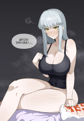  1girl absurdres black_background black_tank_top blue_hair blush breasts cleavage clenched_hand closed_mouth commentary_request crossed_legs doya_(qkrdbseh1205) girls&#039;_frontline girls&#039;_frontline_2:_exilium green_eyes highres hk416_(girls&#039;_frontline) klukai_(girls&#039;_frontline_2) korean_commentary korean_text large_breasts long_hair no_panties scribble simple_background sitting solo speech_bubble steam tank_top teardrop teardrop_facial_mark translation_request yes-no_pillow 