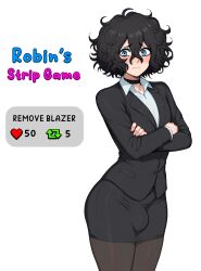  1boy absurdres ai-assisted black_choker black_hair black_pantyhose blue_eyes blush bulge choker copyright_name crossed_arms curly_hair embarrassed formal_clothes highres my_femboy_roommate nuteku official_art pantyhose pencil_skirt robin_(my_femboy_roommate) shirt short_hair skirt solo suit trap twitter_strip_game white_background white_shirt  rating:General score:17 user:danbooru