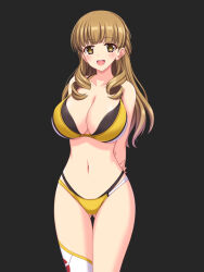  1girl ayato_utae bikini black_background breasts brown_hair cleavage dolphin_wave large_breasts mole mole_under_eye navel open_mouth sakurai_ronoyuki simple_background swimsuit thighhighs thighs yellow_bikini yellow_eyes  rating:Questionable score:17 user:SwitchOledDX