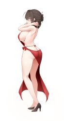  1girl absurdres ahoge arched_back artist_request ass back backless_dress backless_outfit bare_arms bare_back bare_legs bare_shoulders black_shoes blue_eyes breasts brown_hair check_artist closed_mouth commission dress full_body half_updo hands_up high_heels highres large_breasts long_hair looking_at_viewer looking_to_the_side median_furrow no_bra no_panties original profile red_dress revealing_clothes second-party_source shoes side_slit sideboob simple_background sleeveless sleeveless_dress smile solo standing takamiya_keika thighs w.k white_background 