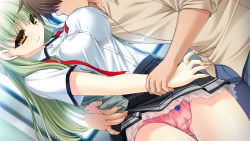  1boy 1girl breast_sucking breasts clothes_lift crotch_seam game_cg green_hair hetero indoors interheart large_breasts long_hair panties pink_panties ryuuki_yumi saimin_paranoia satomi_shion school_uniform skirt skirt_lift tagme underwear yellow_eyes  rating:General score:25 user:Aurora_