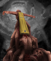  1other absurdres bare_shoulders body_horror cartoon_network corpse cross crucifixion death ed_edd_n_eddy feet highres horror_(theme) nude open_mouth painting_(medium) plank plank_(ed_edd_n_eddy) sky smile t-pose traditional_media 