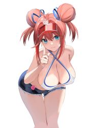  1girl absurdres azur_lane bikini bikini_top_only blue_eyes blue_shorts blush breasts cleavage denim denim_shorts double_bun eugle_na food gallant_(azur_lane) gallant_(express-ive_delivery)_(azur_lane) hair_bun hair_intakes highres huge_hair_bun index_finger_raised large_breasts leaning_forward long_hair looking_at_viewer navel official_alternate_costume official_alternate_hairstyle pink_hair popsicle shorts sideboob simple_background sitting skindentation solo swimsuit thigh_gap thighs torn_clothes torn_shorts visor_cap wet white_background white_bikini wide_hips 