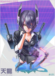 10s 1girl 2015 arm_at_side artist_name bad_id bad_pixiv_id black_jacket black_skirt black_thighhighs blouse boots breasts character_name checkered_clothes checkered_necktie checkered_neckwear cleavage collarbone collared_shirt dated eyepatch female_focus foreshortening full_body gloves hair_between_eyes hand_on_own_cheek hand_on_own_face hand_up headgear jacket kantai_collection lips lipstick looking_at_viewer looking_up loose_necktie maco_(macoillust) makeup mole mole_on_breast necktie panties pantyshot partially_fingerless_gloves perspective purple_hair realistic reflection reflective_floor school_uniform shirt short_hair skirt solo standing sword tenryuu_(kancolle) thighhighs underwear upskirt weapon white_shirt wing_collar yellow_eyes zettai_ryouiki rating:Sensitive score:10 user:danbooru