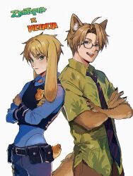  2boys ahoge america_(hetalia) animal_ear_fluff animal_ears axis_powers_hetalia belt black-framed_eyewear black_belt black_necktie black_vest blonde_hair blue_eyes blue_pants blue_shirt brown_fur brown_hair brown_pants claws closed_mouth collared_shirt commentary copyright_name cosplay cowboy_shot crossed_arms crossover en_llll fang fox_ears fox_tail glasses green_eyes green_shirt hawaiian_shirt highres judy_hopps judy_hopps_(cosplay) kemonomimi_mode leaf_print long_sleeves looking_at_viewer male_focus multiple_boys necktie nick_wilde nick_wilde_(cosplay) open_mouth pants pocket police police_badge police_uniform rabbit_ears rabbit_tail semi-rimless_eyewear shirt short_hair short_sleeves simple_background smile standing striped_necktie symbol-only_commentary tail teeth tongue tongue_out united_kingdom_(hetalia) v-shaped_eyebrows vest white_background zootopia 