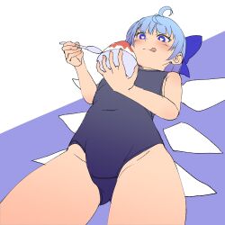 1girl absurdres ahoge bare_arms blue_bow blue_eyes blue_hair blue_one-piece_swimsuit blush bow cirno closed_mouth commentary_request covered_erect_nipples cowboy_shot flat_chest from_below hair_bow heart heart-shaped_pupils highres holding holding_spoon ice ice_wings one-piece_swimsuit shiroi_karasu short_hair smile solo spoon swimsuit symbol-shaped_pupils tongue tongue_out touhou wings 