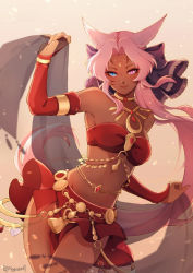  animal_ears artist_name bandeau bare_shoulders breasts cat_ears cowboy_shot dancer dark-skinned_female dark_skin dated detached_sleeves final_fantasy final_fantasy_xiv gem heterochromia highres holding lips long_hair looking_at_viewer lyra-kotto midriff miqo&#039;te pink_hair red_skirt see-through_clothes sidelocks simple_background skirt small_breasts smile solo strapless tassel tube_top very_long_hair warrior_of_light_(ff14)  rating:Questionable score:19 user:danbooru