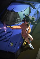 1girl absurdres alien_print banana black_hair car closed_mouth dated energy_beam food fruit green_hair hair_between_eyes hair_ornament hand_in_pocket highres holding holding_food holding_fruit hood hoodie laser leaning_on_object leg_warmers long_sleeves motor_vehicle multicolored_hair one_eye_closed orange_hoodie original purple_hair signature solo sports_car steering_wheel twintails vehicle_focus waterkuma rating:General score:23 user:danbooru