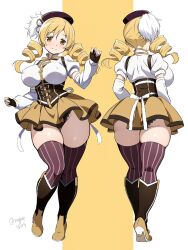  1girl ass beret black_panties blonde_hair boots breasts commentary_request commission covered_erect_nipples dress drill_hair from_behind gluteal_fold hat high_heel_boots high_heels highres huge_ass lace lace_panties large_breasts long_hair mahou_shoujo_madoka_magica mahou_shoujo_madoka_magica_(anime) miniskirt multiple_views nagare_(flow) panties pantyshot purple_thighhighs shirt skeb_commission skindentation skirt smile striped_clothes striped_thighhighs thick_thighs thigh_gap thighhighs thighs tomoe_mami tomoe_mami_(magical_girl) twitter_username two-tone_background two-tone_dress underwear upskirt white_shirt wide_hips yellow_boots yellow_eyes yellow_skirt zettai_ryouiki  rating:Sensitive score:57 user:danbooru