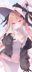  1girl :o black_jacket black_ribbon blonde_hair blush breasts buttons cleavage cleavage_cutout clothing_cutout collared_dress commentary commission cowboy_shot cross-laced_clothes cross-laced_dress crossed_bangs dress four-pointed_star hair_between_eyes halftone hand_up hat hat_ornament hat_ribbon head_tilt highres indie_virtual_youtuber jacket kanora long_hair looking_at_viewer microdress multicolored_hair open_clothes open_jacket pantyhose pink_hair pink_nails red_eyes ribbon sakuma_spica sidelocks signature skeb_commission small_breasts solo star_(symbol) star_cutout star_hat_ornament thick_eyelashes twitter_username virtual_youtuber white_dress white_hat white_pantyhose witch witch_hat 