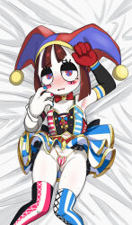  1girl arm_up armpits blush breasts brown_hair clothes_lift cosplay cutiemachina elbow_gloves gloves gluteal_fold groin hat highres hololive jester_cap loli lying micro_panties multicolored_eyes nail_polish omaru_polka omaru_polka_(cosplay) on_back open_mouth pale_skin panties pomni_(the_amazing_digital_circus) shirt short_hair single_elbow_glove skirt skirt_lift sleeveless sleeveless_shirt small_breasts solo striped_clothes striped_skirt striped_thighhighs the_amazing_digital_circus thighhighs thighs underwear virtual_youtuber 