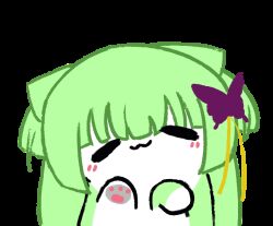  :3 =_= animal_hands animated animated_gif animification blunt_bangs blunt_ends butterfly_hair_ornament cat chinese_commentary closed_eyes closed_mouth commentary_request fuchuangzi_summerwind green_hair hair_ornament hime_cut light_blush looping_animation meme_request murasame_(senren) no_humans partial_commentary senren_banka sidelocks simple_background transparent_background two_side_up upper_body 