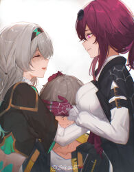  1boy 2girls black_hairband black_jacket breasts caelus_(honkai:_star_rail) closed_eyes closed_mouth collarbone commentary english_commentary eyewear_on_head facing_another firefly_(honkai:_star_rail) glasses gloves grey_hair hairband honkai:_star_rail honkai_(series) jacket kafka_(honkai:_star_rail) large_breasts long_sleeves looking_at_another multiple_girls open_mouth parted_lips pince-nez purple_eyes purple_gloves purple_hair rivalry round_eyewear shaded_face simple_background sunglasses trailblazer_(honkai:_star_rail) twitter_username upper_body white_background zinkaa 