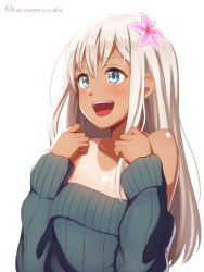 10s 1girl :d blue_eyes blush breasts eyebrows eyelashes female_focus flower hair_flower hair_ornament kantai_collection kurowan long_hair long_sleeves looking_away no_bra off_shoulder one-piece_tan open_mouth pink_flower ro-500_(kancolle) silver_hair simple_background small_breasts smile solo sweater tan tanline twitter_username upper_body white_background rating:Sensitive score:26 user:danbooru