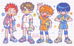  +_+ 4boys :d asymmetrical_legwear ball bandaid bandaid_on_arm bandaid_on_knee bandaid_on_leg blue_eyes blue_hair blue_shirt blue_shoes blue_shorts blue_socks blush_stickers brown_eyes brown_hair closed_mouth collared_shirt commentary double-parted_bangs full_body grid_background hand_in_pocket highres holding holding_ball itousa jacket knee_pads long_sleeves looking_at_viewer male_focus mismatched_legwear multiple_boys number_print open_clothes open_jacket open_mouth orange_hair orange_shirt orange_shorts original parted_bangs print_shirt red_eyes red_hair red_jacket red_shirt red_shoes red_shorts red_socks shirt shoes short_hair short_sleeves shorts smile sneakers socks standing symbol-only_commentary volleyball_(object) watermark white_background white_shirt white_shoes white_shorts white_socks wide-eyed yellow_socks 