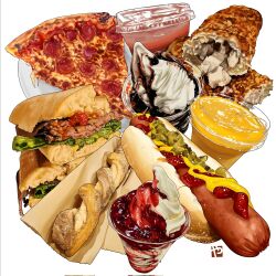  artist_logo bread chocolate_syrup costco cup dessert disposable_cup food food_focus fruit highres hot_dog hot_dog_bun ice_cream juice ketchup logo meat mustard no_humans original pepperoni pizza pizza_slice plate sandwich simple_background still_life strawberry studiolg sundae white_background 