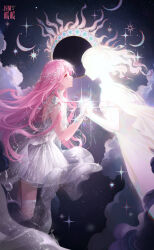 1girl 1other ad_lunam_(shining_nikki) ambiguous_gender artist_request brown_eyes circlet cloud copyright_name crescent_moon dress expressionless floating_clothes floating_hair from_side highres holding_hands interlocked_fingers logo long_hair looking_at_another moon nikki_(nikki) nikki_(series) official_art parted_lips pink_hair pointy_nose robe second-party_source shining_nikki short_dress silhouette sleeveless sleeveless_dress sparkle star_(symbol) styling_and_beauty_(shining_nikki) sun_symbol turtleneck turtleneck_dress very_long_hair white_dress white_robe 