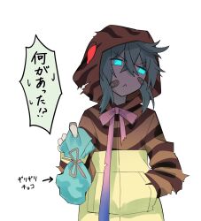  1girl bandaid bandaid_on_face blue_eyes blue_hair bow bowtie brown_hoodie commentary_request gradient_ribbon highres hood hood_up hoodie isobee kemono_friends long_sleeves looking_at_viewer obligation_chocolate pink_bow pink_bowtie print_hoodie ribbon short_hair sidelocks snake_print solo torn_clothes torn_hoodie translation_request tsuchinoko_(kemono_friends) two-tone_hoodie yellow_hoodie 