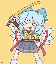  &gt;_&lt; 1girl 216 :d badge bandaid blue_bow blue_hair bow cirno conveyor_belt cosplay detached_wings drum fairy fairy_wings hair_bow ice ice_wings imadake_dabuchi_tabemi instrument japanese_clothes katana kimono mcdonald&#039;s open_mouth pleated_skirt red_bow samurai samurai_tamago_tabemi samurai_tamago_tabemi_(cosplay) skirt smile socks striped_clothes striped_kimono sword touhou tsuzumi vertical-striped_clothes vertical-striped_kimono weapon white_socks wings xd yellow_background 