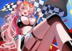  1girl absurdres alternate_costume asymmetrical_legwear bikini black_bikini black_choker black_skirt black_thighhighs blue_archive blurry breasts checkered_flag choker cleavage crossed_legs depth_of_field double_bun fang flag hair_bun heart heart-shaped_eyewear highleg highres holding holding_flag kirara_(blue_archive) kneehighs large_breasts long_hair long_sleeves looking_at_viewer midriff miniskirt one_eye_closed open_mouth panty_straps pink_eyes pink_hair race_queen red_shrug single_kneehigh single_sock single_thighhigh sitting skirt smile socks solo suisen_(suisenhwa) swimsuit thigh_strap thighhighs thighs very_long_hair 