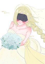  1girl ashimi_fugo bare_shoulders blonde_hair blush bouquet braid braided_ponytail breasts bridal_veil commentary_request dress eye_mask flower highres holding holding_bouquet large_breasts long_hair looking_at_viewer simple_background smile solo translation_request trigger_(zenless_zone_zero) twitter_username veil wedding_dress zenless_zone_zero 