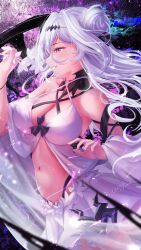  1girl absurdres arbiter_the_empress_iii_(azur_lane) azur_lane babydoll bare_shoulders breasts cleavage detached_collar flower from_side hair_between_eyes hair_bun highres holding holding_flower large_breasts long_hair miniskirt o7fian pink_hair siren_(azur_lane) skirt solo very_long_hair white_babydoll white_flower white_hair white_skirt 