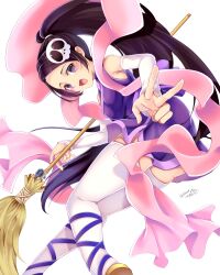  1girl :d ankle_lace-up black_hair breasts broom brown_sandals chikuwa_savy detached_sleeves elysia_de_lute_ima feet_out_of_frame hair_ornament highres holding holding_broom japanese_clothes kami_nomi_zo_shiru_sekai kimono leg_ribbon long_hair looking_at_viewer medium_breasts open_mouth pink_shawl ponytail purple_eyes purple_kimono purple_ribbon ribbon sandals shawl short_kimono skull_hair_ornament sleeveless sleeveless_kimono smile solo thighhighs v very_long_hair white_background white_sleeves white_thighhighs 
