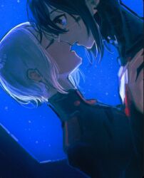  2girls android ariane_yeong black_hair blue_background blue_eyes clone cyberpunk cyborg elster_(signalis) female_focus high_collar imminent_kiss kaniya22400252 kiss leaning_back leaning_forward leaning_on_person military military_uniform multiple_girls night night_sky robot robot_girl short_hair signalis sky spaceship surprise_kiss surprised tall_female white_hair yuri  rating:General score:12 user:Solarwagon