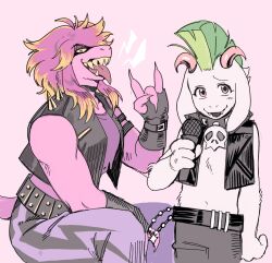  1boy 1girl \n/ animal_ears belt black_collar black_gloves black_jacket body_fur collar colored_skin cropped_jacket deltarune fangs fewer_digits fingerless_gloves furry furry_female furry_male gloves goat_boy goat_ears goat_horns green_hair highres holding holding_microphone horns jacket looking_at_viewer medium_hair microphone mohawk multicolored_hair official_alternate_costume official_alternate_hairstyle open_mouth pink_background pink_eyes pink_hair pink_skin ralsei ralsei_(lightners_live) sharp_teeth simple_background smile susie_(deltarune) susie_(lightners_live)_(deltarune) tail teeth tongue tongue_out ttudolee two-tone_hair white_fur 