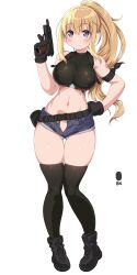  1girl :3 belt blonde_hair blush boots breasts crop_top dd_(ijigendd) full_body gloves grey_eyes gun handgun highres holding holding_gun holding_weapon large_breasts long_hair looking_at_viewer m1911 navel original ponytail short_shorts shorts simple_background skin_tight smile solo thighhighs unbuttoned weapon white_background 