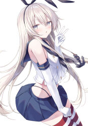  1girl anchor_hair_ornament animal_ear_hairband animal_ears black_hairband black_neckerchief black_panties blonde_hair blue_sailor_collar blue_skirt blush commentary cowboy_shot crop_top cropped_shirt crossed_bangs double-parted_bangs elbow_gloves fake_animal_ears from_side gloves grey_eyes hair_ornament hairband highleg highleg_panties highres kantai_collection long_hair long_sidelocks looking_at_viewer midriff neckerchief panties parted_lips rabbit_ear_hairband rabbit_ears red_thighhighs sailor_collar shikuro_(iorimiyakiyo) shimakaze_(kancolle) shirt sidelocks simple_background skirt sleeveless sleeveless_shirt solo striped_clothes striped_thighhighs thighhighs underwear v very_long_hair white_background white_gloves white_shirt white_thighhighs 