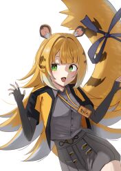  1girl absurdres animal_ear_fluff animal_ears black_shorts blonde_hair blush green_eyes high-waist_shorts highres jacket ju_fufu long_hair looking_at_viewer mirl open_mouth orange_fur shirt shorts simple_background smile solo striped_fur tail tail_ornament tiger tiger_ears tiger_girl tiger_tail white_background zenless_zone_zero 