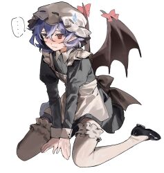  ... 1girl alternate_costume bat_wings black_shoes blush closed_mouth commentary commeowdore enmaided fang full_body hat highres looking_at_viewer maid mob_cap pointy_ears purple_hair red_eyes remilia_scarlet seiza shoes short_hair sitting skin_fang solo spoken_ellipsis sweatdrop symbol-only_commentary touhou v_arms white_hat wings wrist_cuffs 