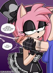  1boy 1girl amy_rose animal_ears black_dress black_gloves black_lips cum dankodeadzone dress ejaculation eyeshadow furry gloves gothic_lolita gradient_background green_eyes half-closed_eyes handjob hat hetero lipstick lolita_fashion makeup mini_hat mini_top_hat outline penis pink_hair purple_background short_hair simple_background sonic_(series) sonic_the_hedgehog speech_bubble text_focus top_hat uncensored upper_body white_outline 