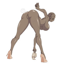  1girl anus arched_back ass bent_over breasts dark-skinned_female dark_skin fart father_dimitry female_focus hat high_heels large_breasts looking_back monster_girl no_nipples nude nurse nurse_(silent_hill) pussy silent_hill simple_background solo uncensored veins veiny_breasts 